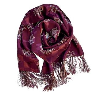 Vintage Aviator Scarf  w fringe. Burgundy w Yellow/cream 1950s Geometric Design